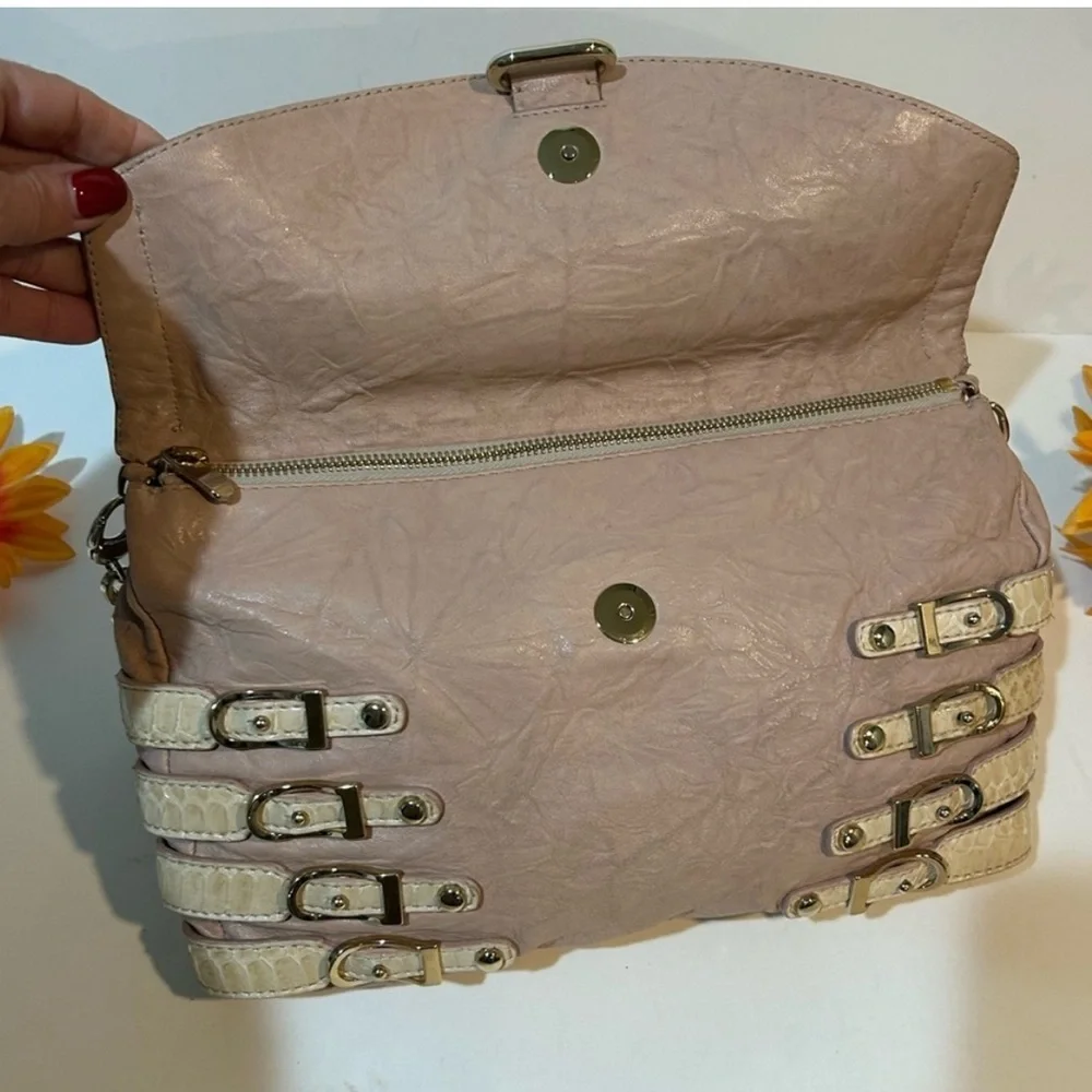 Jimmy Choo Tan Embossed Leather Shoulder Bag Gold Chain clutch - Picture 14 of 15